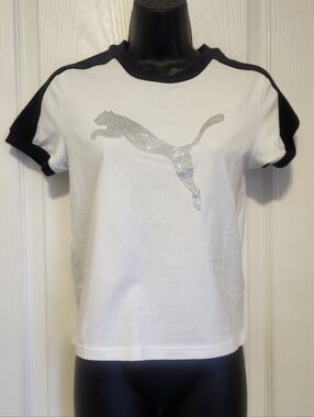 PUMA Women's White & Black Short Sleeve Logo Tee Size Small NWT
